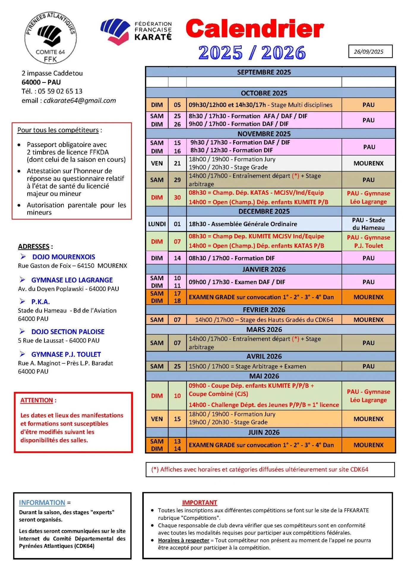 2025 2026 ffk calendrier de partemental